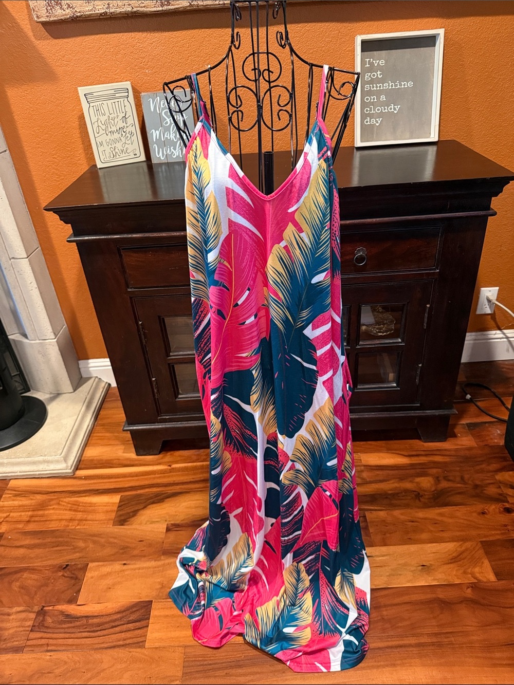 NWT 3x Plus Size Tropical Maxi Slip Dress - Pink & Teal Leaf Print